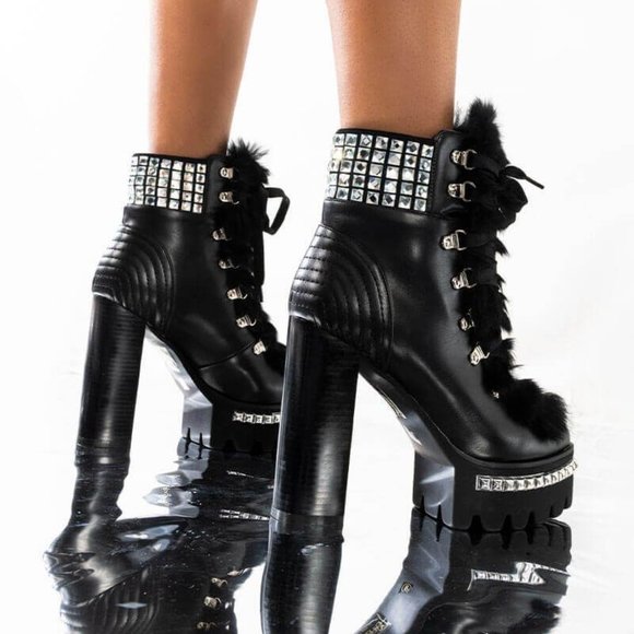 Callie Lives Shoes - Miz Fur & Stones: Azalea Wang Chunky Heel Platform Rhinestone Ankle Bootie.8.5